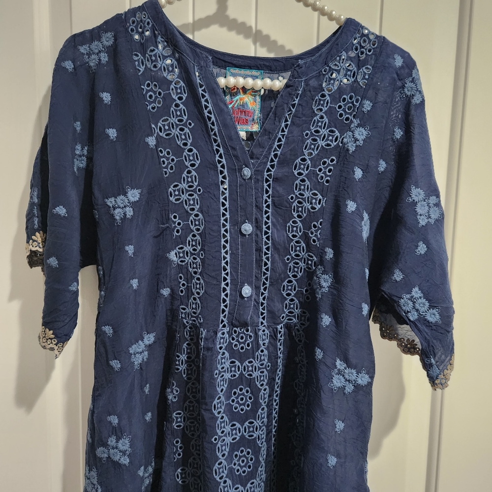 Johnny Was Blue Riza Embroidered Shift Dress size Small - Picture 6 of 9